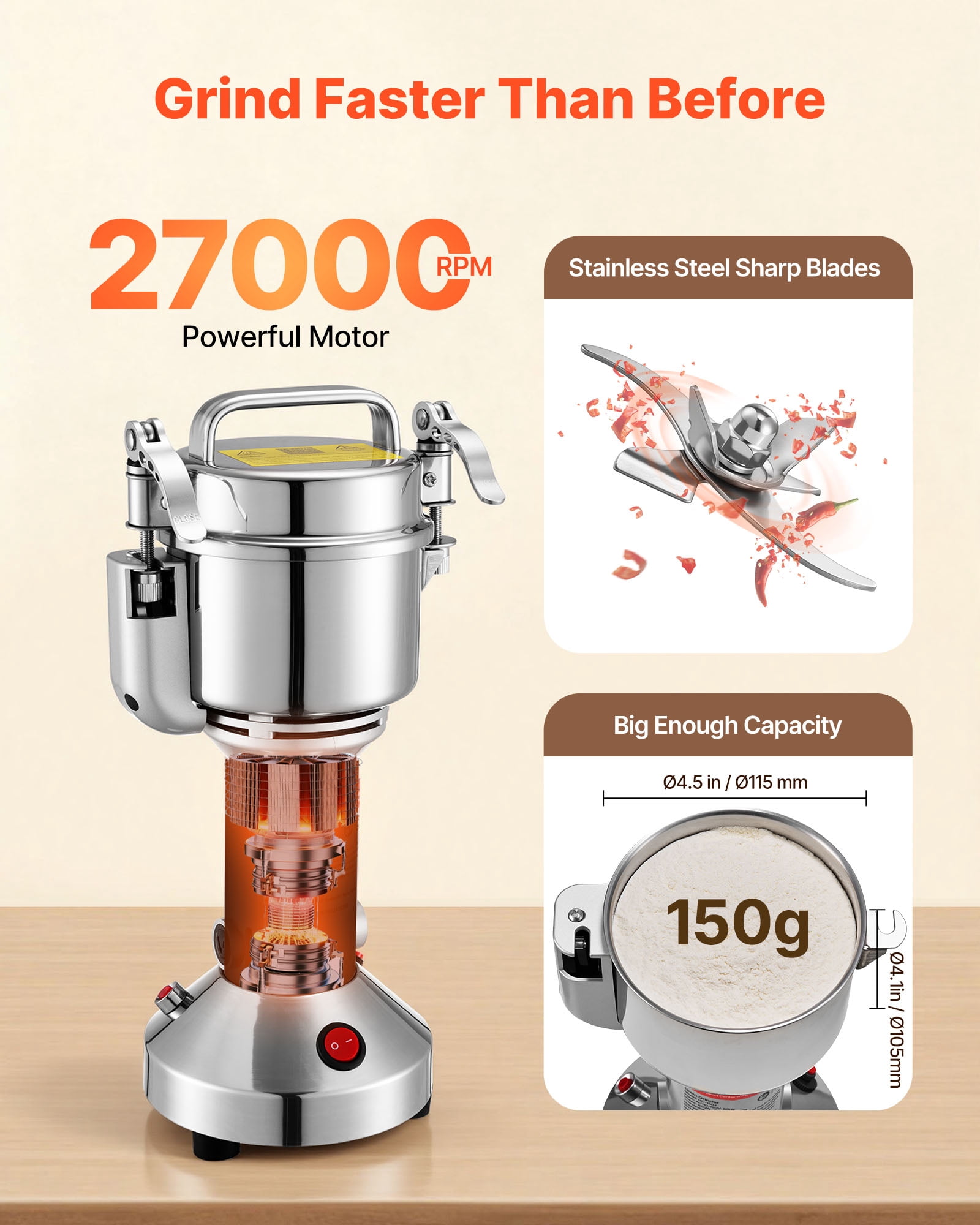VEVOR Electric Grain Mill Grinder, 0.3 lbs Commercial Spice Grinders, High Speed 850W Stainless Steel Pulverizer Powder Machine, for Dry Grains, Spices, Cereals, Coffee, Corn & Pepper, Straight Type