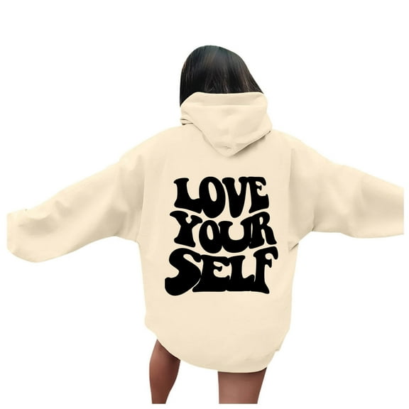 Essentials Hoodie for Women Love Yourself Letter Print Hooded Preppy Long Sleeve With Pocket Lightweight Sweatshirts Beige