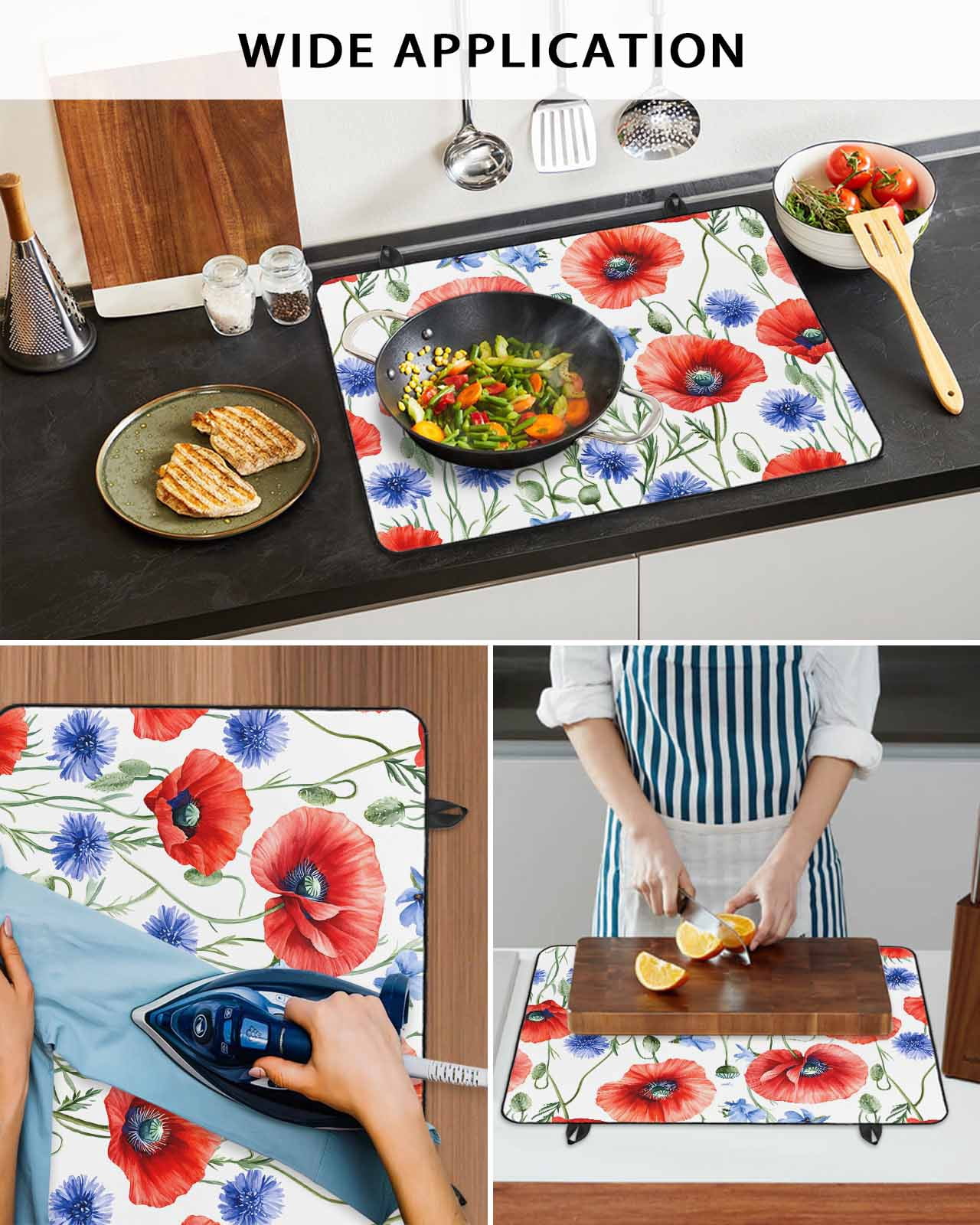nqOlkjepod Large Induction Cooktop Protector Mat 24"x21", Red Poppy Floral Stove Top Covers for Electric Stove, Summer Wildflowers Blue Garden Stove Burner Cover Mats, Glass Top Stove Cover