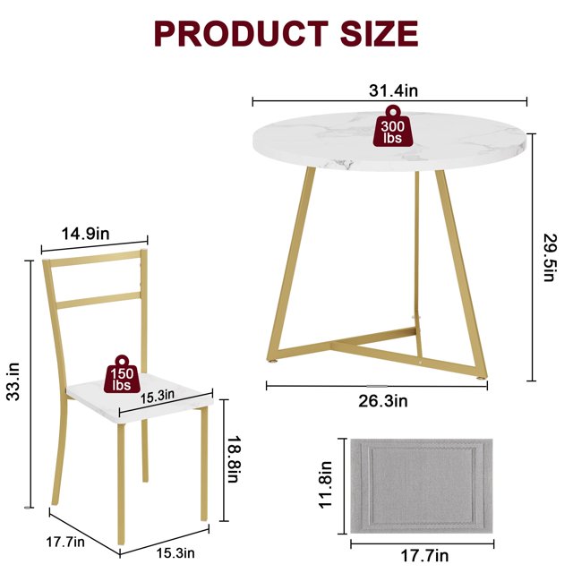 EDTara 3 Piece Dining Table Set, Kitchen Table & Chair Sets for 2, Round Kitchen Table for Small Space, Apartment, Breakfast Nook