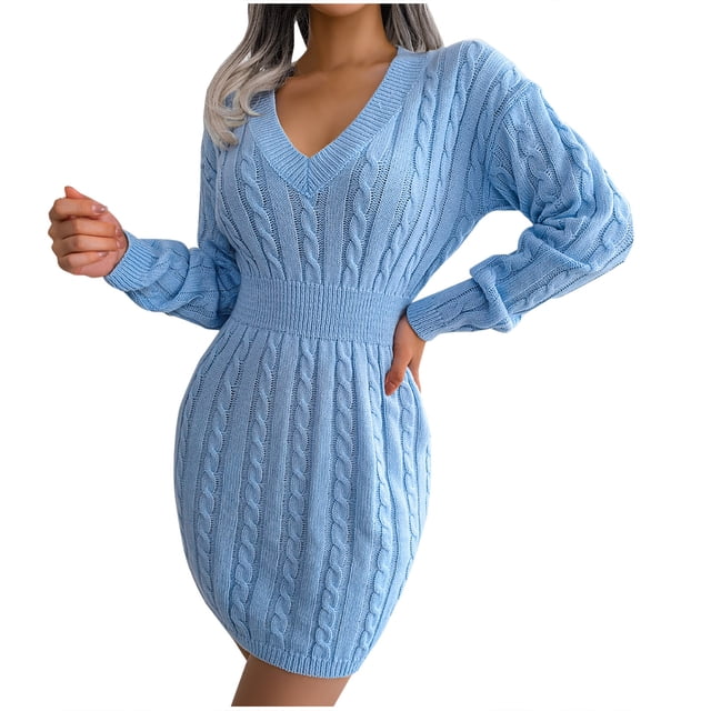Robe Pull pour Femmes Manches Longues Col en V Couleur Unie Mini Robe Tricotée Épaisse Extensible Douce Robe d'Hiver