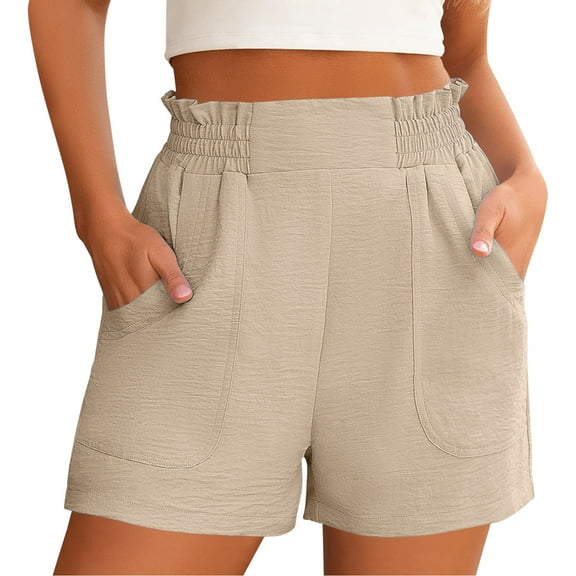 BKQCNKM Gauze Shorts for Women, Linen Shorts for Women, Women Beach Fashion, Casual Shorts Comfy Elastic Waist Lightweight Shorts, Summer Shorts for Women, Beige L