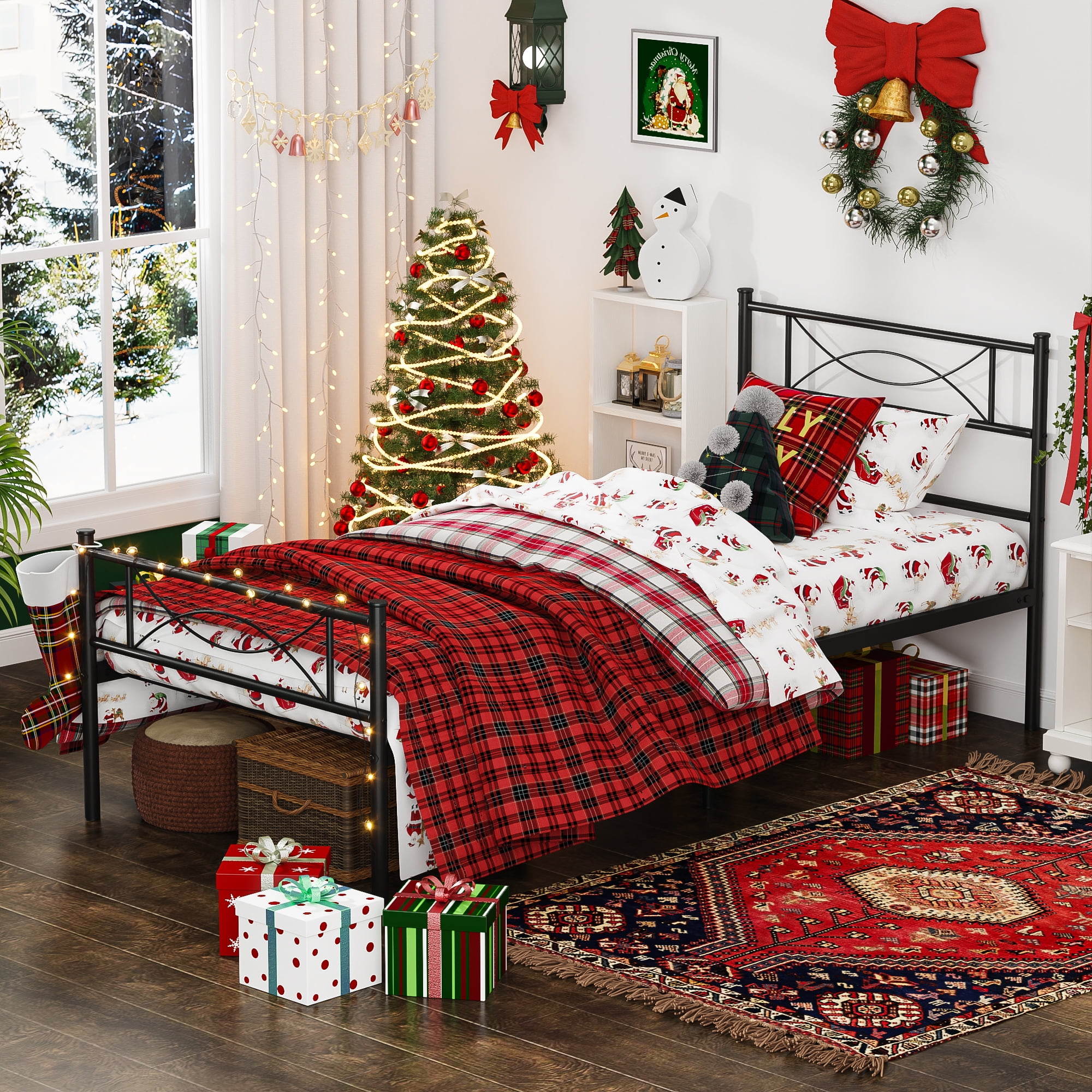 Yoneston Kids Twin Size Metal Platform Bed with Bowknot Headboards Easy Assembly (Mattress Not Included), Black