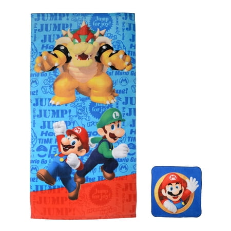 Super Mario 2-Piece Bath Towel and Wash Cloth Set, 100% Soft Terry (Best Way To Wash Towels)