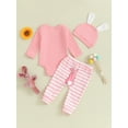 thumbnail image 5 of Elippeo Baby Girls Easter Infant Baby Girls Boys Pants Sets 3M 6M 12M 18M Long Sleeve Letter Bunny Print Romper Tops Striped Pants Hat Set, 5 of 9