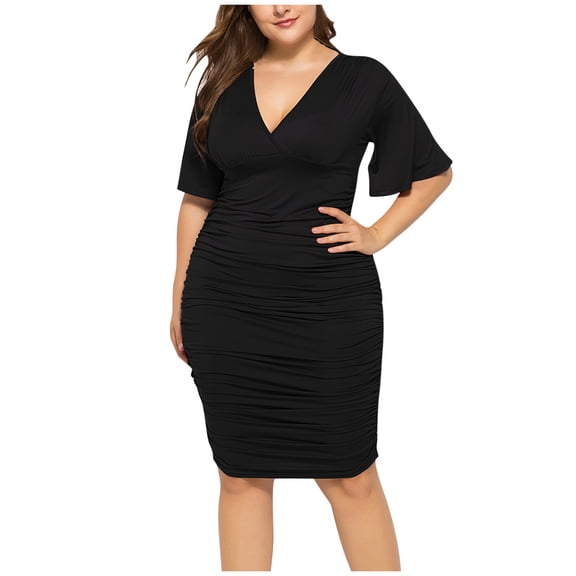 Efsteb Dresses for Women Ruched Bodycon Wrap Elegant Knee-High Dress Wedding Guest Cocktail Party Dresses Casual Short Sleeve Dress Solid Color Fashion V-Neck ,Size:16