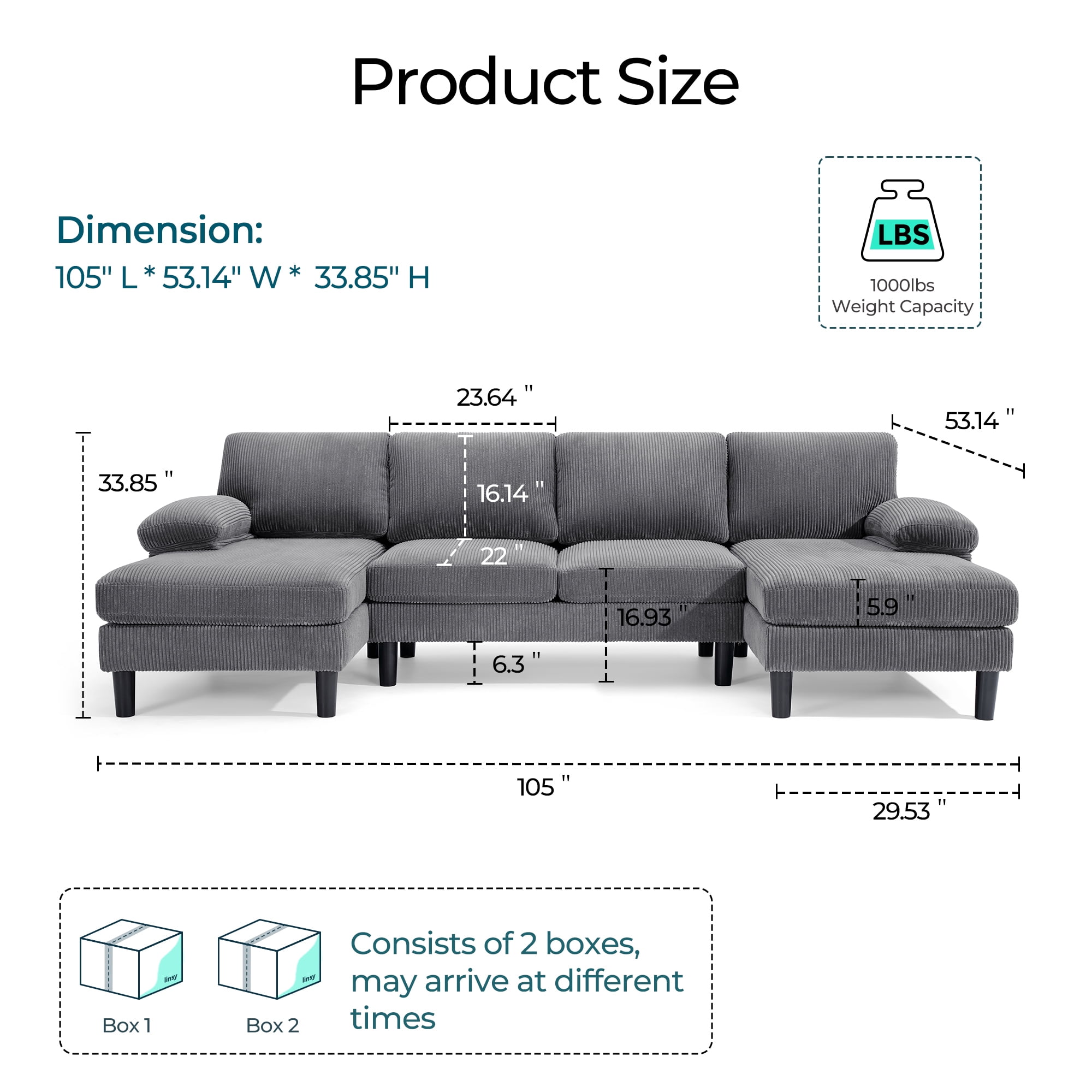 Linsy Home Sectional Sofa for Living Room, U-Shaped Sofa Couch with Corduroy Fabric, 4 Seat Sofa with Double Chaise for Apartment, Dark Gray