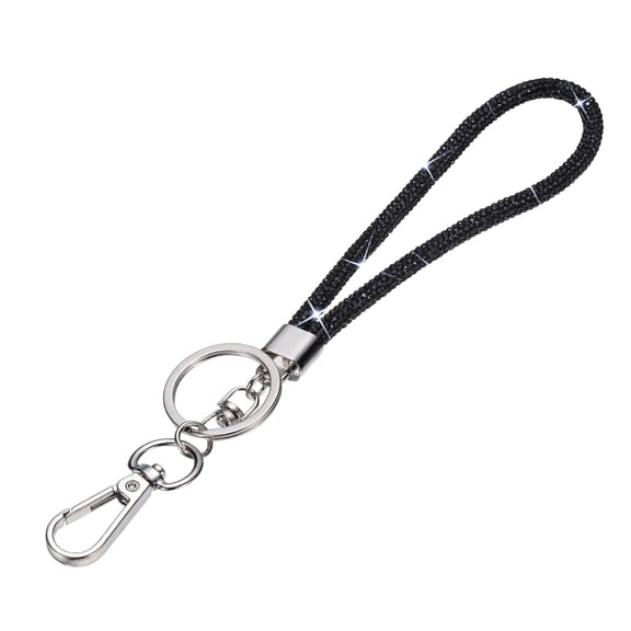 Uxcell Bling Lanyard, 8"/21cm Rhinestone Crystal Lanyard Chain Diamond Wrist Strap Keychain with Metal Clasp & Keyring for Office ID Card Badge Keys Women, Black