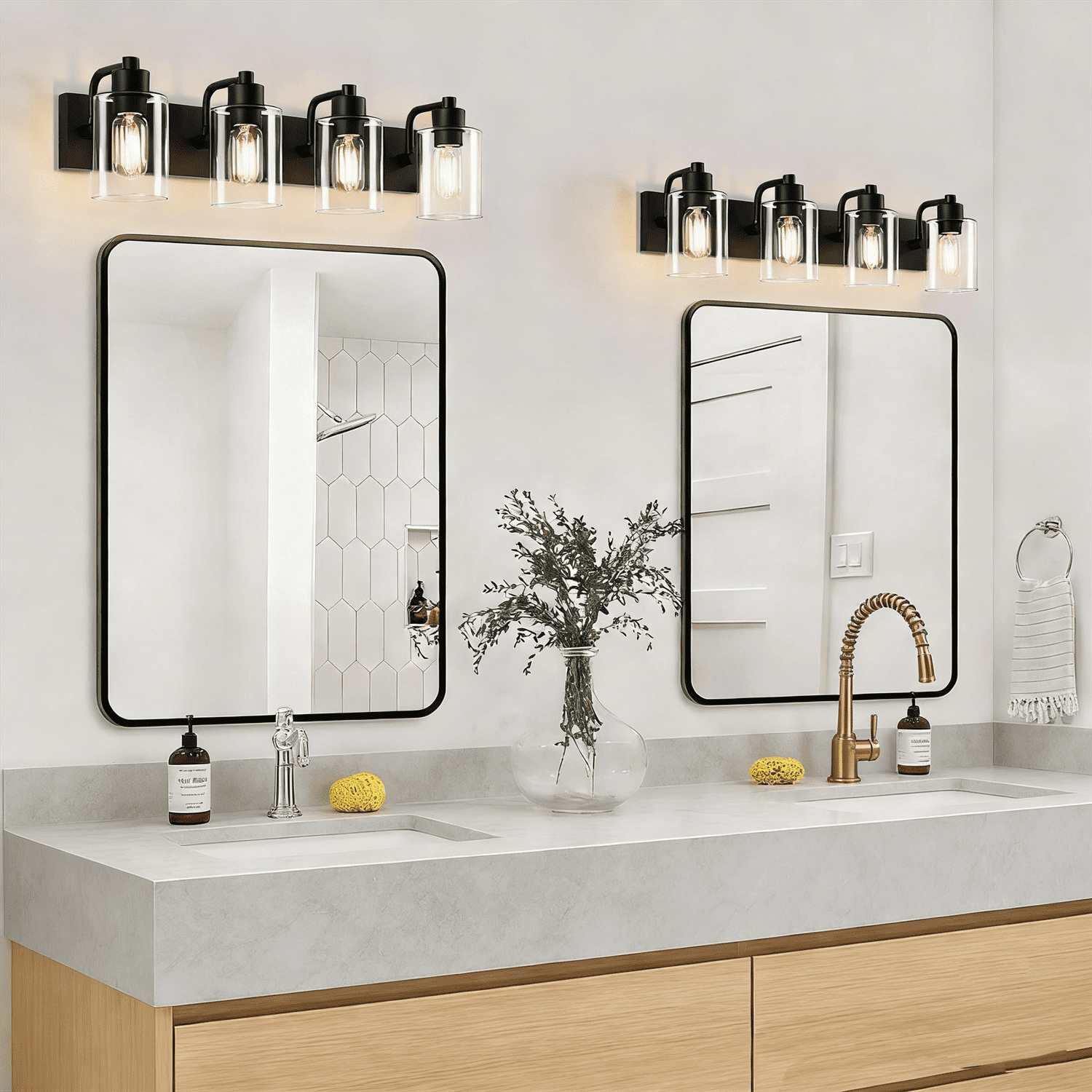 Bathroom Vanity Light Fixture 4-Light Matte Black Bathroom Light Fixtures Over Mirror with Clear Glass Shade Modern Farmhouse Vanity Lights Lighting Fixtures
