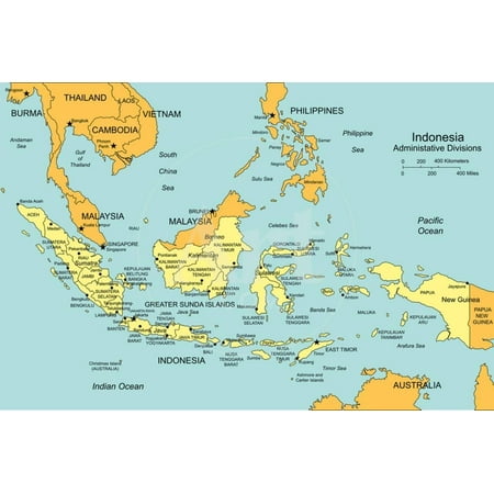 Indonesian Tribal Art - Indonesia With Administrative Districts And Surrounding Countries Print Wall Art By Bruce Jones