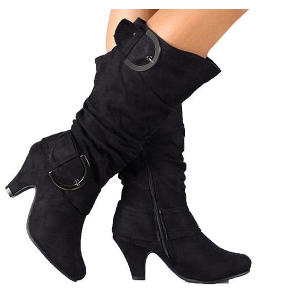 Dakaela Women’s Slouchy Mid Calf Heeled Boots Side Zipper Buckles Decor Suede Fashion Knee High Boots Round Toe Fall Winter Dress Boot