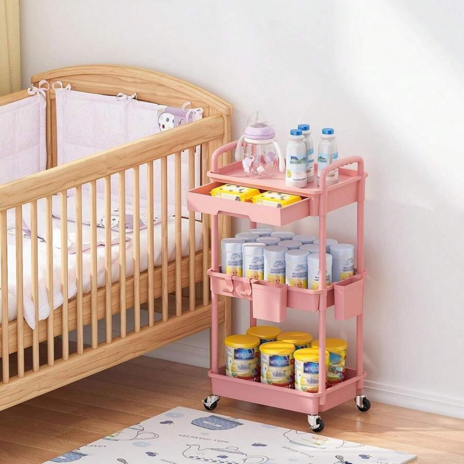 odorsTT 3 Tier Pink Rolling Storage Cart with Drawers Rolling Utility Cart with Drawers,Room Decor,Bathroom Decor,Rolling Utility Cart Rolling Storage Organizer Tool for Kitchen,Bathroom