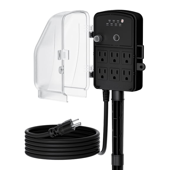 DEWENWILS 6FT Outdoor Power Stake Timer with 6 Outlets, 125VAC 15A, Light Sensor & Overload Protection, 4 Modes (Always On/Off/Photocell/Timer), Weatherproof, Black