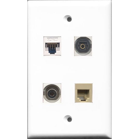 RiteAV 1 Port Phone RJ11 RJ12 Beige and 1 Port Toslink and 1 Port 3.5mm and 1 Port Cat5e Ethernet White Wall Plate