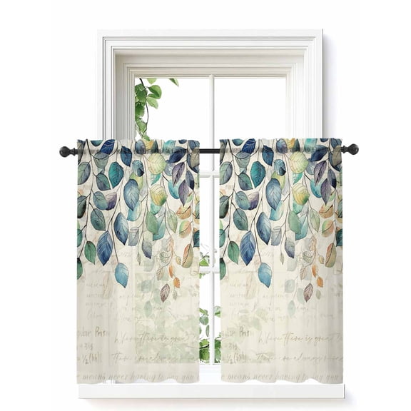 Blue Teal Botanical Curtains 54 Inch Length,Sheer Curtains for Bedroom Living Room Window Weeping Fall Eucalyptus Leaves Rustic Rod Pocket Drapes Kitchen Curtains Small Half Window 52"x54" 2 Panels