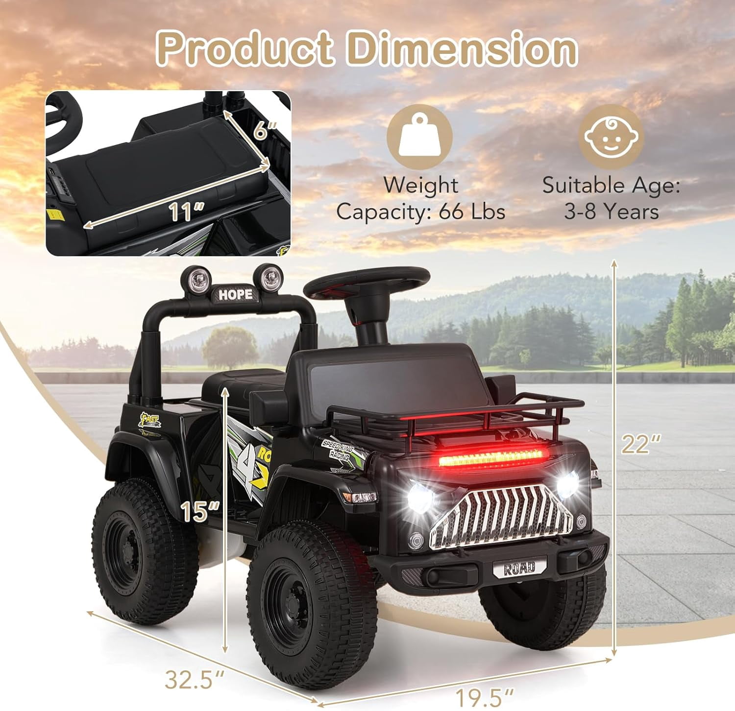 OLAKIDS Kids Ride on Car, 6V Battery Powered Electric Vehicle ATV for Toddlers with Foot Pedal, Music, Horn, Radio, Rear Storage, LED Lights, USB, 4 Wheels Toys for Boys Girls Aged 3-8 Years