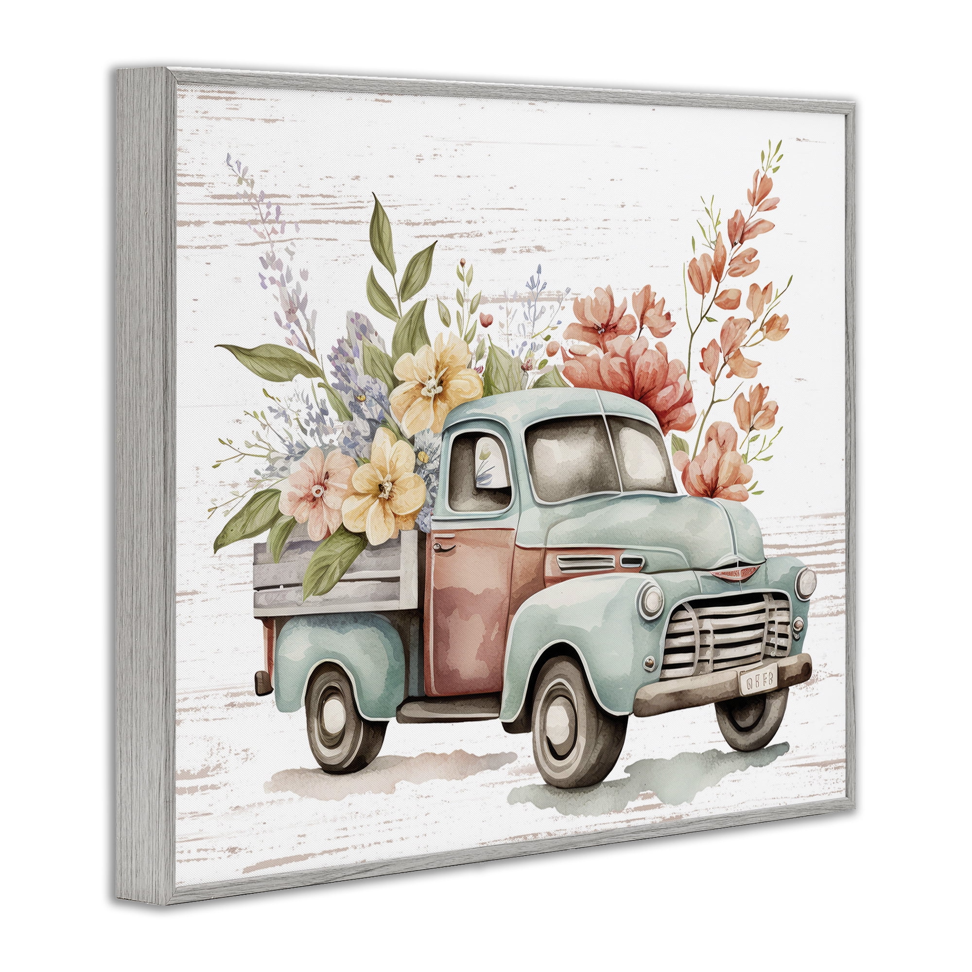 Stupell Industries Flower Blossom Truck Transportation Painting Gray Framed Art Print Wall Art, 20 x 16