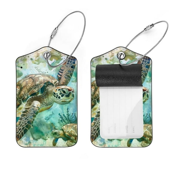 PhooArto Vintage Sea Turtle Painting Luggage Tags with Stainless Steel Loop, 2 Pack Luggage Tag Holders for Travel Luggage Baggage Identifier