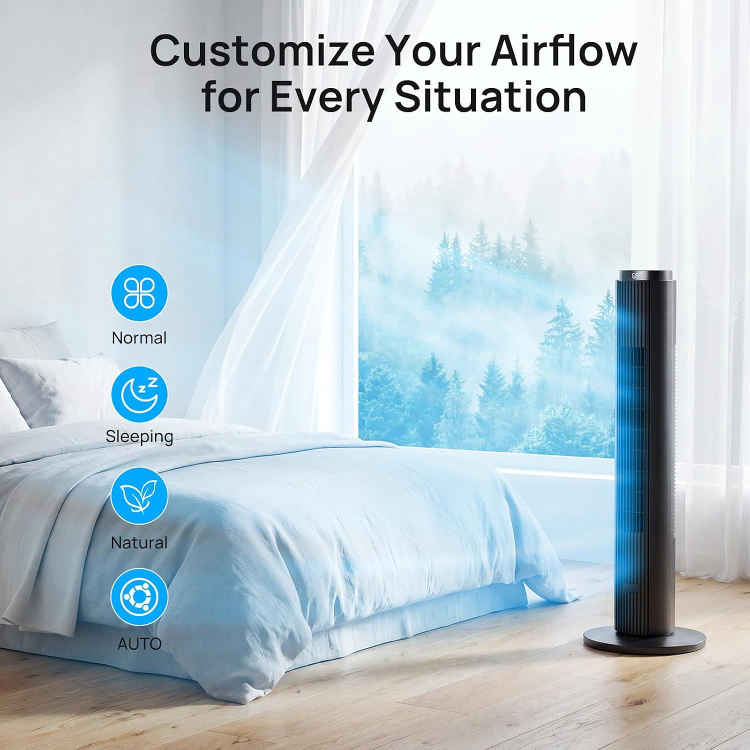 Moifoi 37 inch Tower Fan for Home, 80°Oscillating Bladeless Standing Floor Fan for Large Room, 6Speeds 4 Modes ,12H Timer with Remote,Black