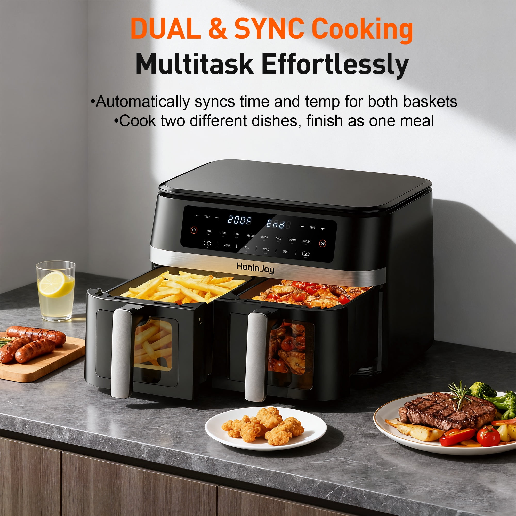 HoninJoy 12 QT Large Dual Basket Air Fryer, With Visible Cooking Window( 50PCS Air Fryer Liners Included)-New