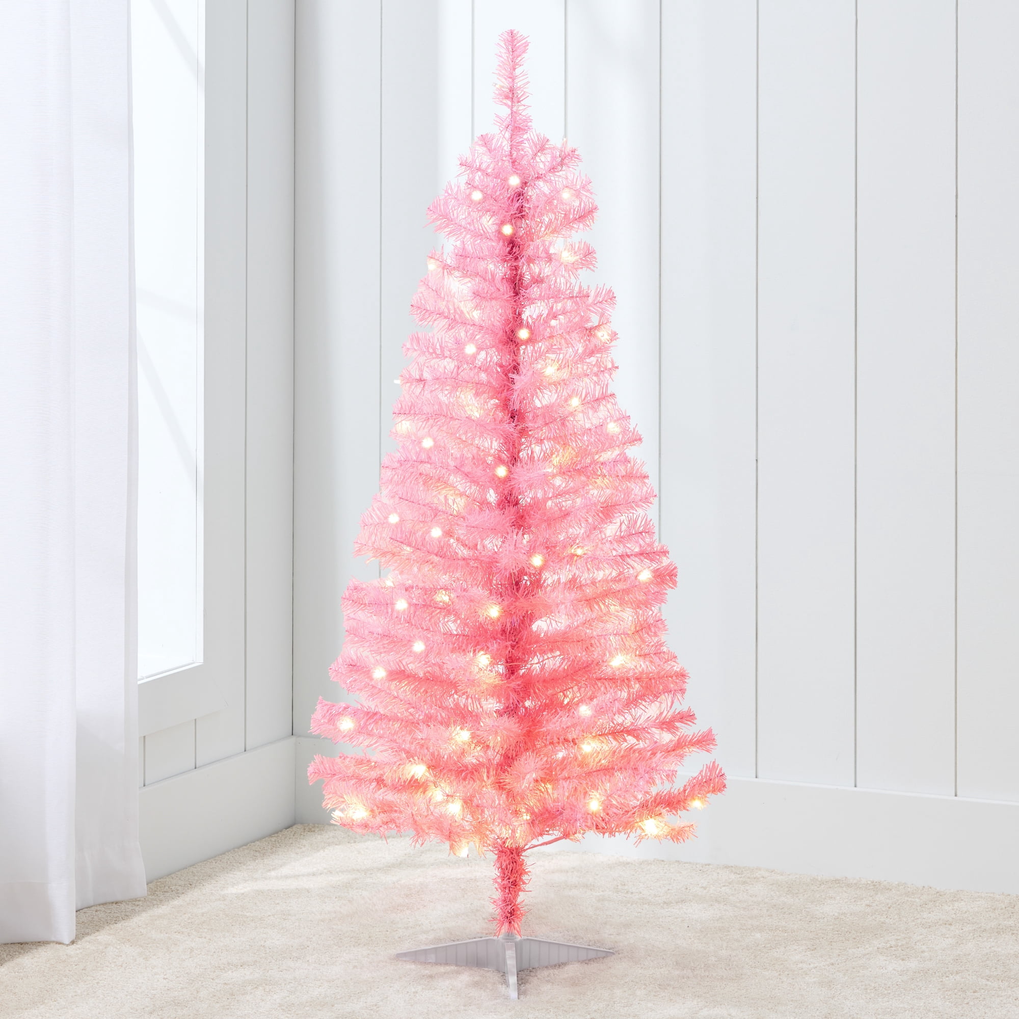 Best Choice Products 4ft Pre-lit Colored Christmas Tree, Artificial Tree Holiday Decor w/ 65 LED Lights - Pink Tinsel