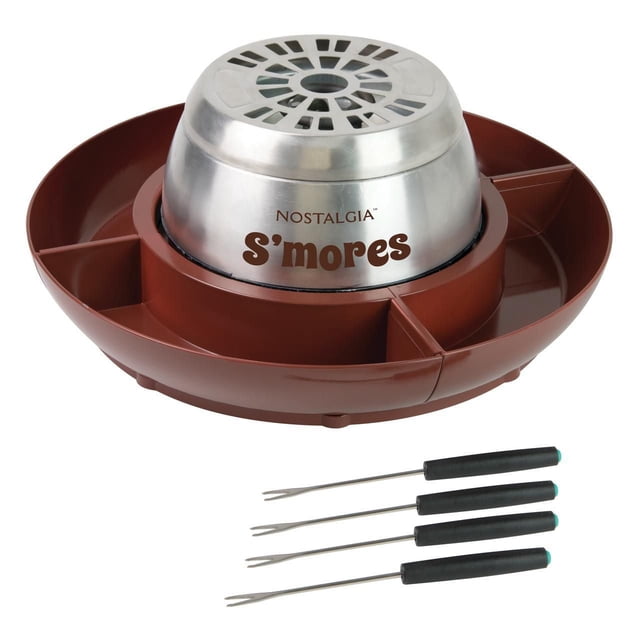 Indoor electric stainless steel s'mores maker by Nostalgia featuring a brown 4-section lazy Susan tray and four black-handled roasting forks.