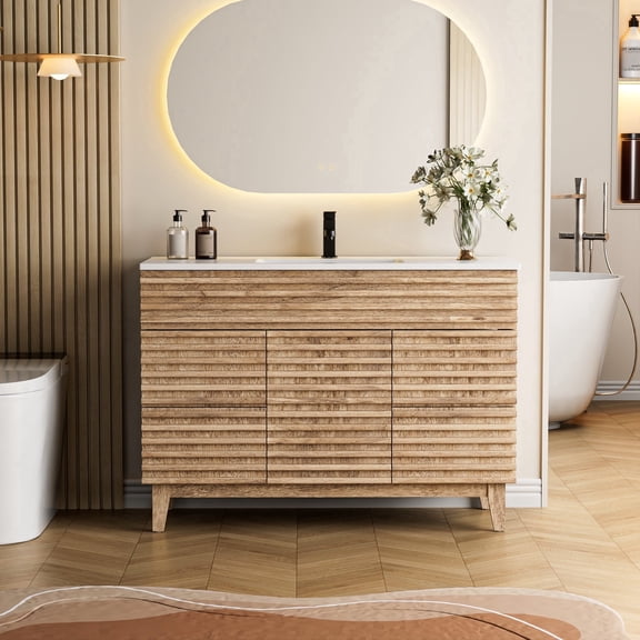 Eclife 48" Freestanding Single Sink Bathroom Vanity with Sink Top, 3D Panel Design, Solid Wood Legs, Adjustable Shelf
