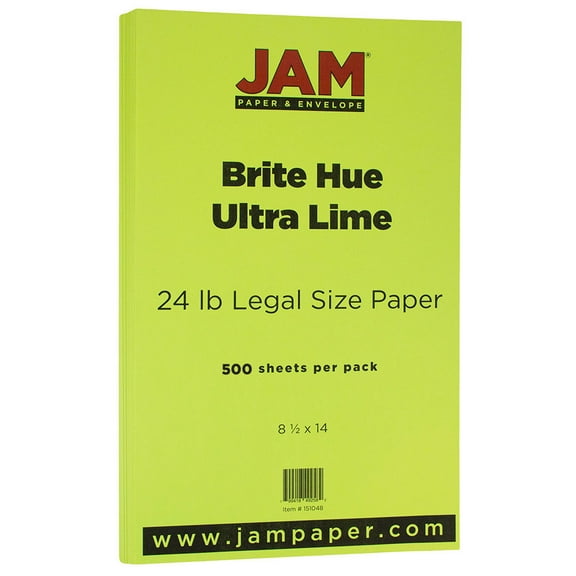 JAM Paper Legal Paper, 8.5x14, 500/Pack, 24lb Lime Green