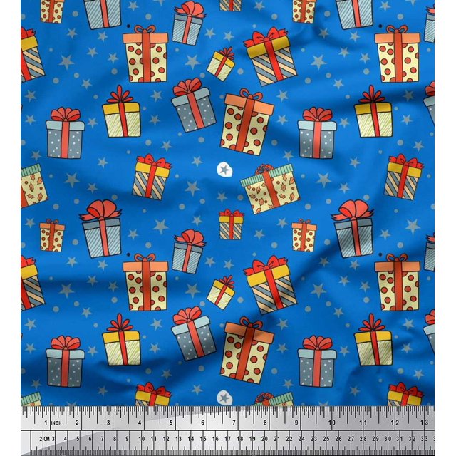 Soimoi Satin Silk Fabric Dot,Star & Gift Box Party Printed Fabric 1 Yard 42 Inch Wide