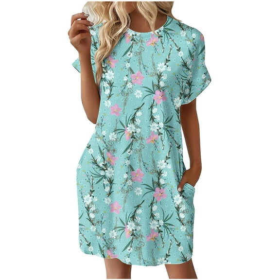 Nrmvnmi Summer Dresses for Women 2024 Casual T Shirt Dress Loose Roll Up Short Sleeve Round Neck Tunic Dress with Pocket for Women Mint Green XLMothers Day Gifts