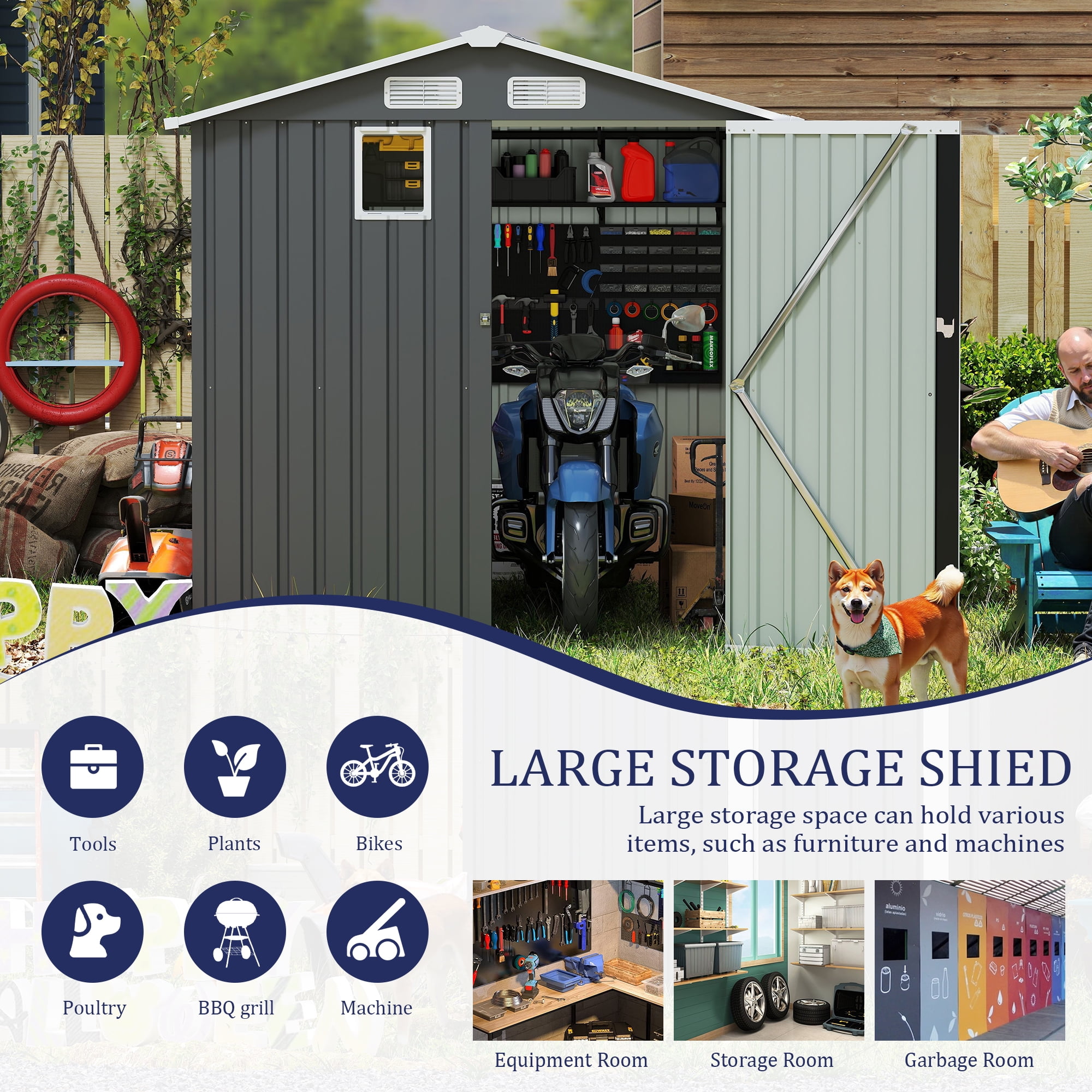 Villeston 6x8FT Outdoor Steel Storage Shed, Lockable Doors, Compact Metal Tool Shed for Garden, Backyard, Patio, Utility, and Bike Storage,dark gray