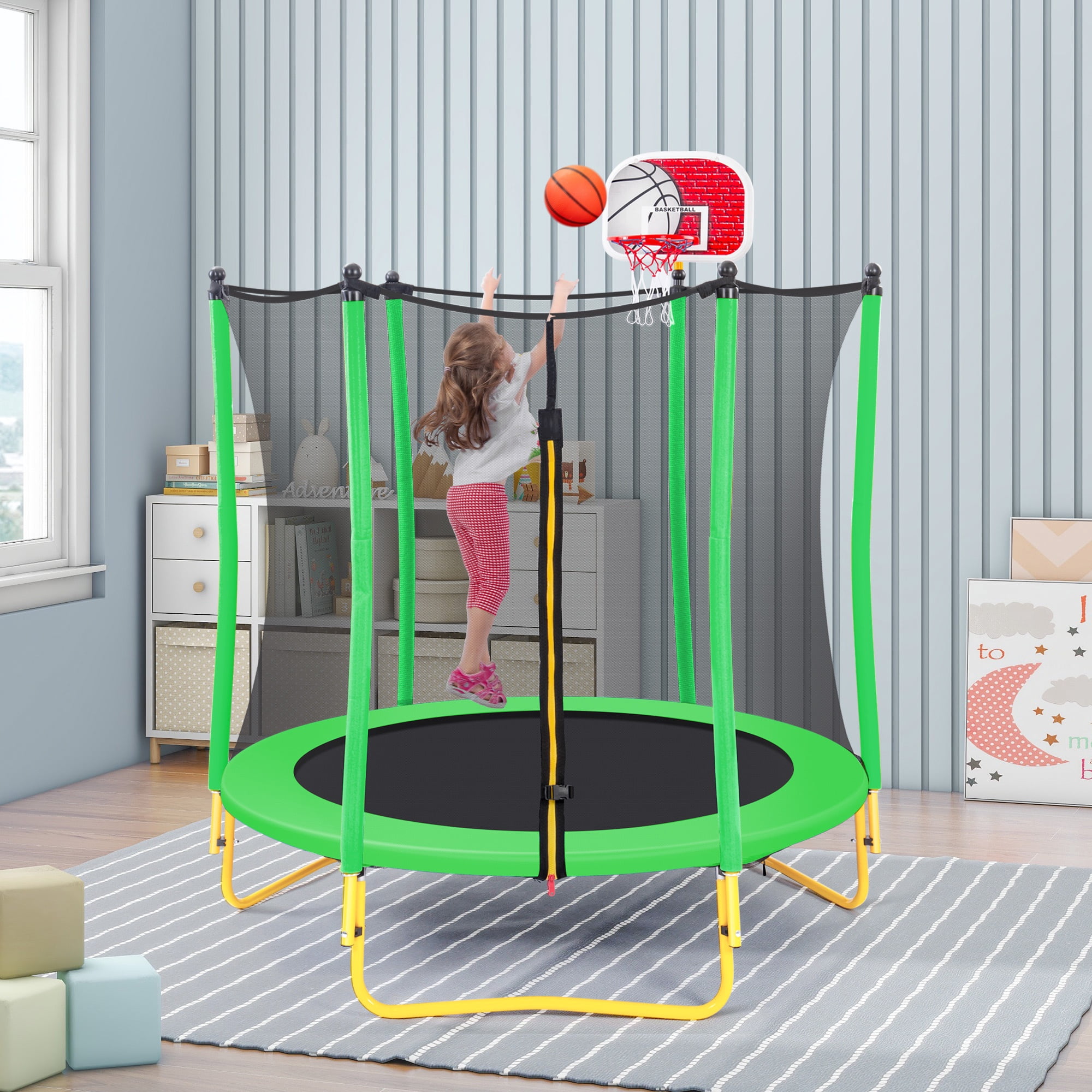 5.5FT Toddler Trampoline with Basketball Hoop, SHINPT Mini Trampoline for Kids, 65" Outdoor/Indoor Trampoline with Enclosure Net, Recreational Trampoline for Patio, Backyard, Garden, Lawn, Yard