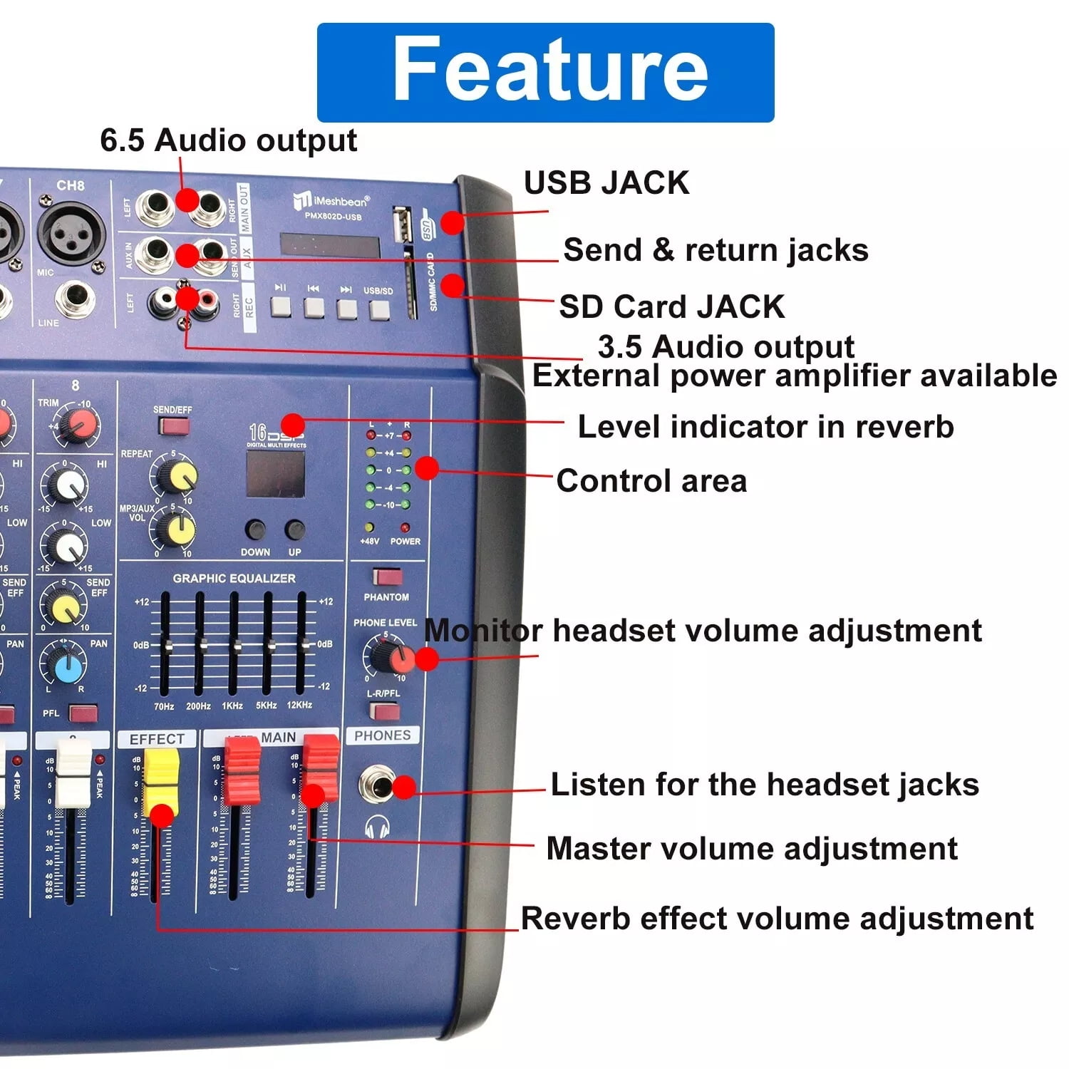 iMeshbean 8 Channel Professional Powered Mixer 1500W Power Mixing Amplifier Amp 16DSP USB