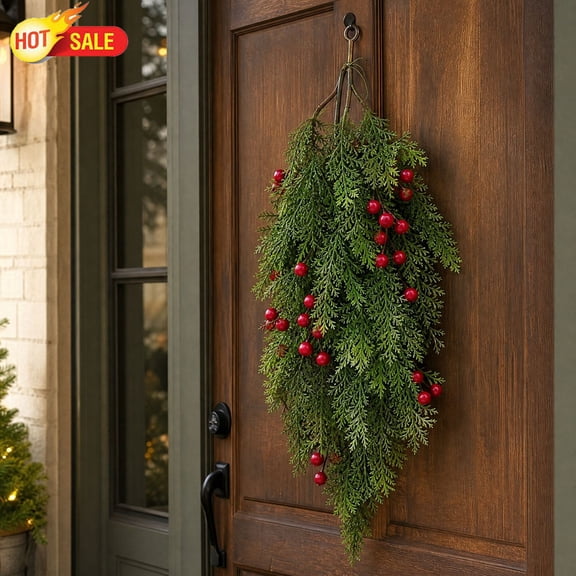 Clearance!Artificial Cedar Teardrop Christmas Swag, 20 Inch Faux Greenery Wall Hanging Swag With Red Berries, Indoor Outdoor Home Decor, Christmas Decorations for Front Door Mantel Window