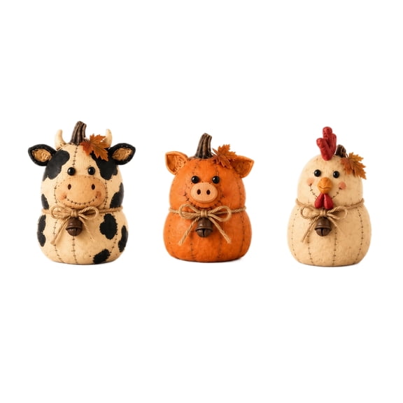 3 Piece Rustic Pumpkin Decoration Set, Farmhouse Fall Ornaments with Cute Cow Pig Chicken Statues for Mantel Shelf Table, Thanksgiving Autumn Display