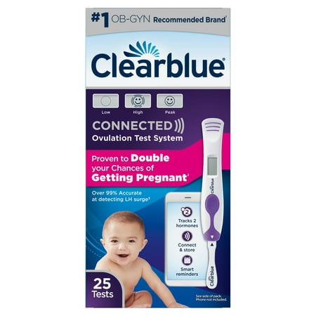 Clearblue Connected Ovulation Test System featuring Bluetooth connectivity and Advanced Ovulation Tests with digital results, 25 ovulation