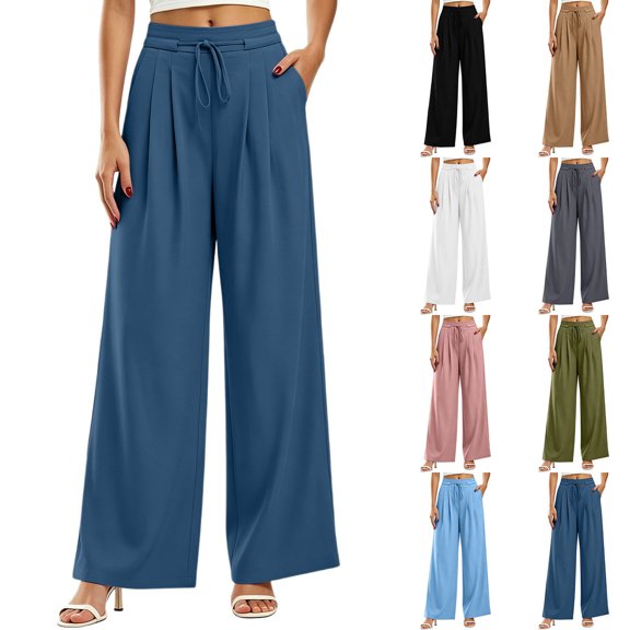 Women Tie Waist Pleated Wide Leg Trousers Sevevn High Waist Flowy Loose Fit Dress Pants With Side Pockets, Varied Solid Color Options For Office Work Dating Vacation And Everyday Casual Dressing