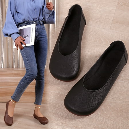 

Women‘s Retro Flat Loafers Solid Color Round Toe Slip On Soft Sole Shoes Faux Leather Walking Anti-skid Flats