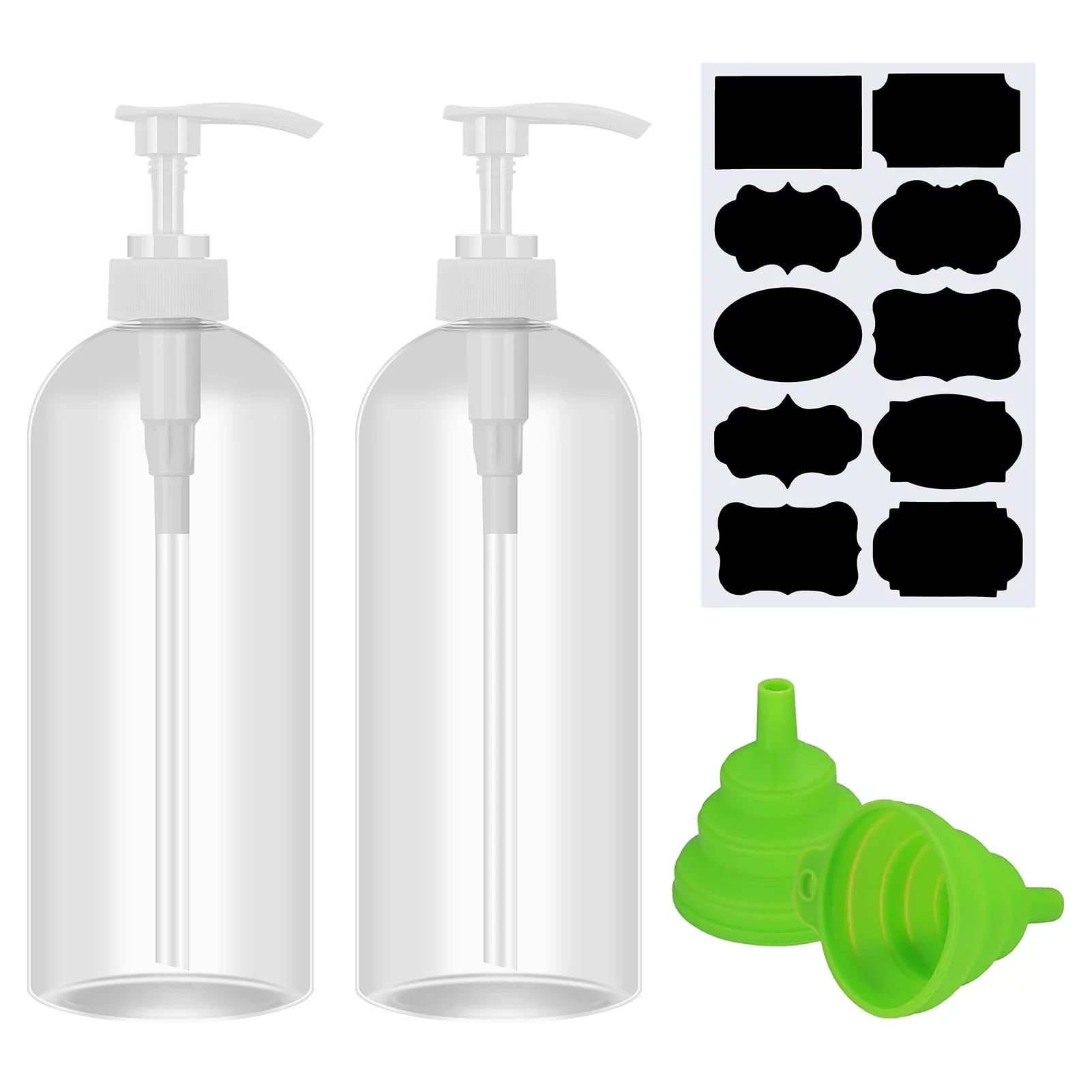 BUBABOX 2 Pack Shampoo Bottles with Pumps 32 oz (1 Liter) Plastic Pump Bottles Dispensers for Handwash Shower Soap with Silicone Funnels and Labels
