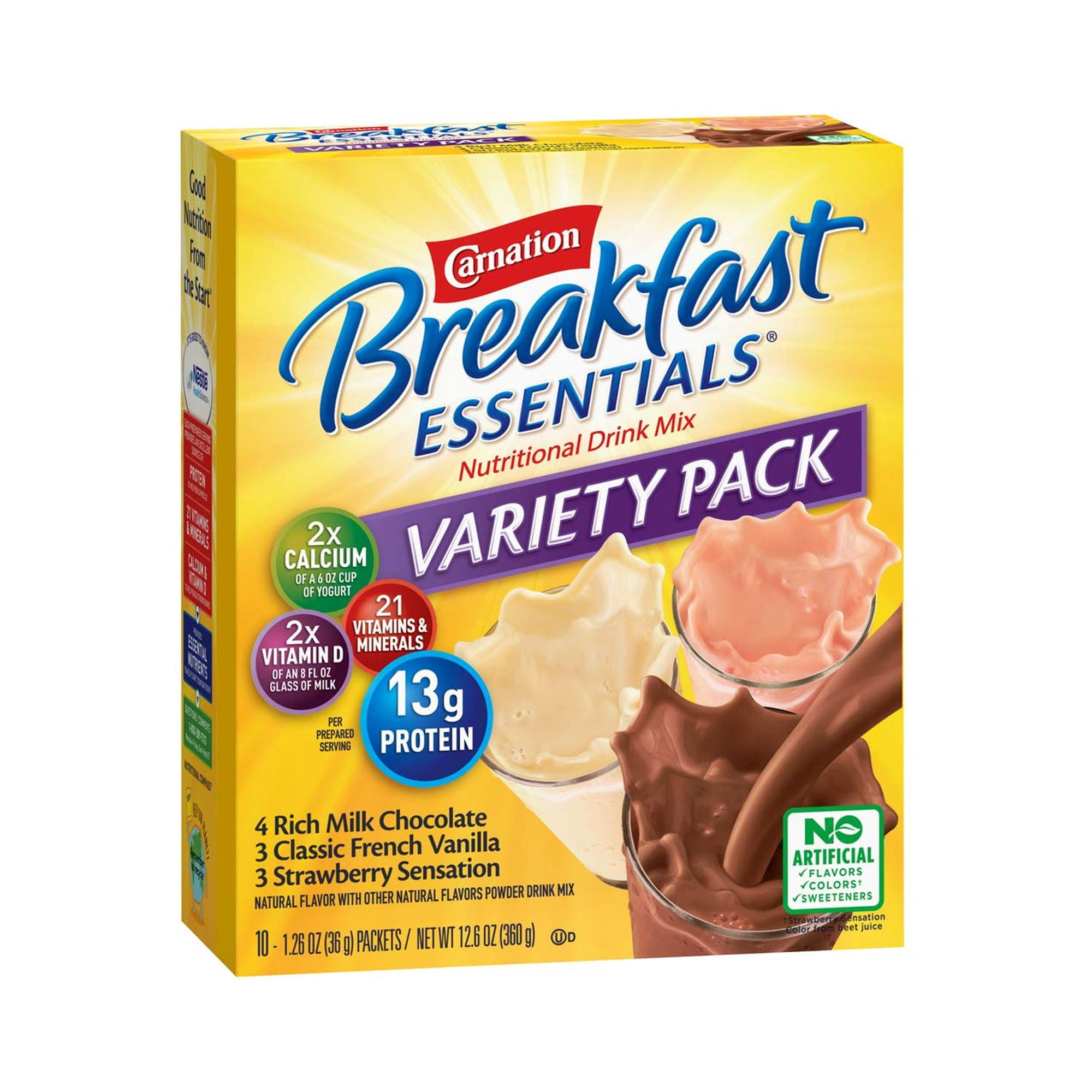 Nestle Carnation Breakfast Essentials Complete Nutritional Drink Rich Milk Chocolate / Classic French Vanilla / Strawberry Sensation Flavor 60 Ct