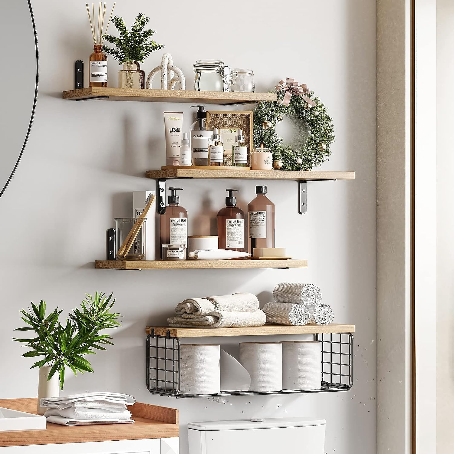 4+1 Tier Floating Shelves, Bathroom Shelves Over Toilet with Wire Storage Basket (Brown)