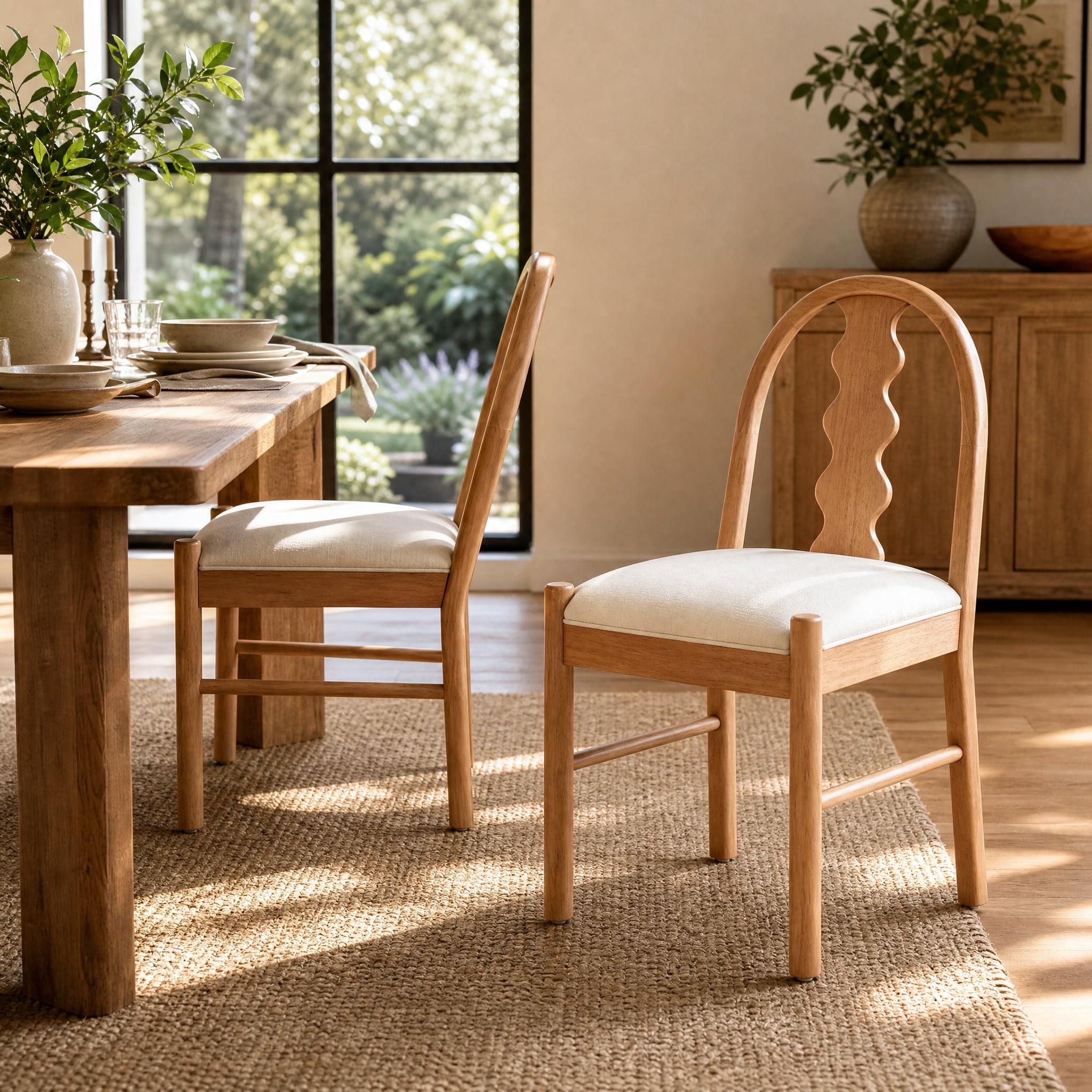 Rubber Wood Dining Chairs Set of 2, Curved Arch Wavy Back Kitchen Chairs with White Fabric Upholstered Seat Cushion, Farmhouse Wooden Side Dining Chairs for Home Kitchen,Natural
