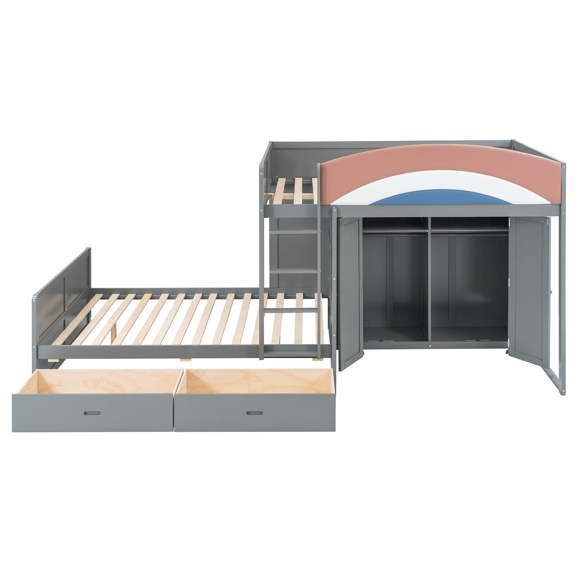 Mintazer Full Over Full Bunk Bed with Wardrobe & 2 Drawers, Platform Bed with Rainbow Guardrail for Kids Bedroom, Gray