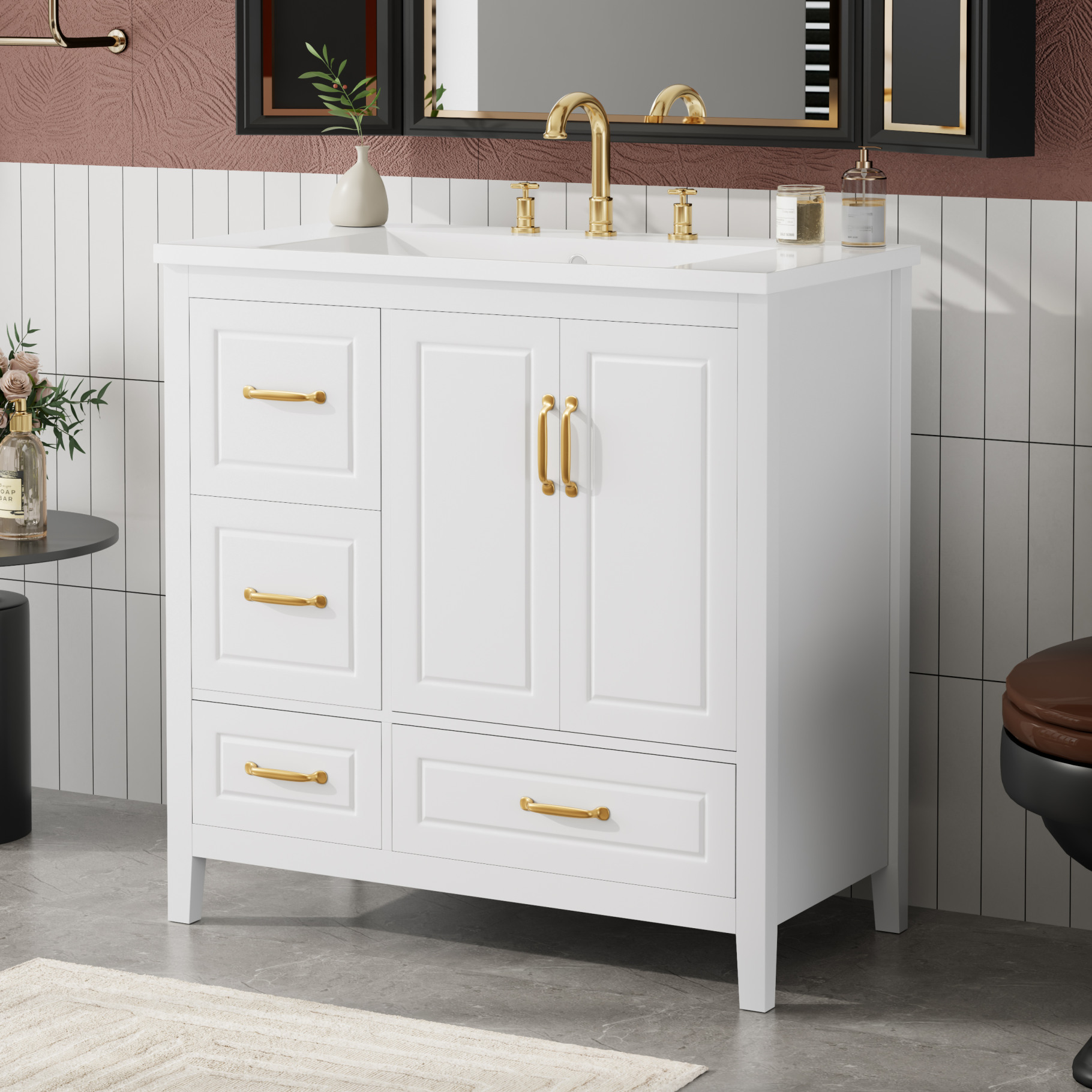 36" Bathroom Vanity with Sink, Modern Bathroom Storage Cabinet with 4 Drawers and 2 Soft-Closing Doors, Freestanding Solid Wood Bathroom Vanities, White