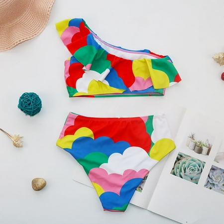 Girls Colour Blocked Two Piece Swimsuit Sleeveless Off Shoulder Halter Neck Swimsuit Bikini Pink 7 Y-8 Y