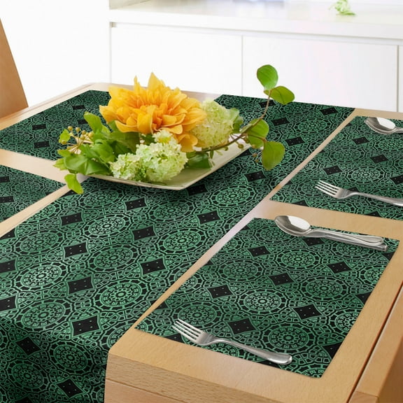 Ambesonne Abstract Table Runner & Placemats, Ornamental Geometrical, Placemat 4 pcs   Runner 12"x72", Black and Fern Green