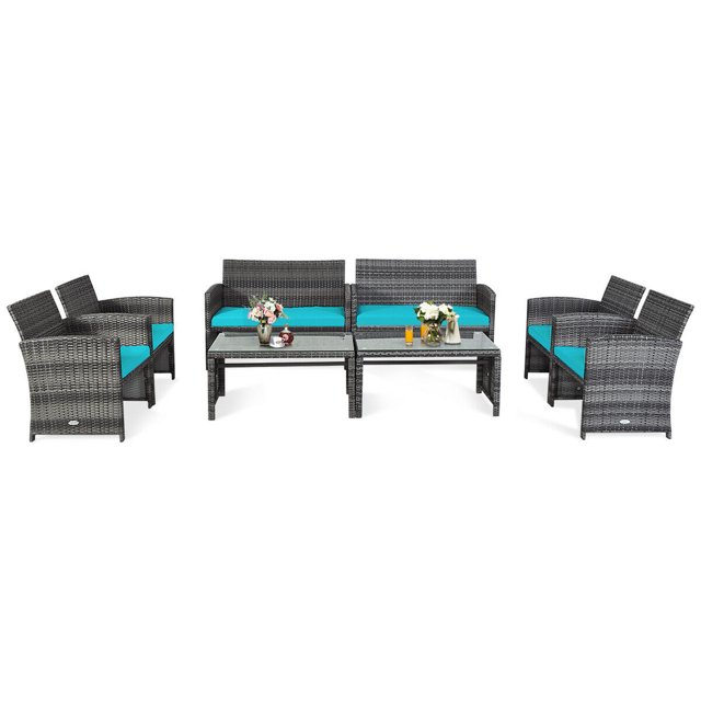 Gymax Ensemble de Conversation d'Extérieur en Rotin pour Patio 8 Pcs avec Coussin Turquoise