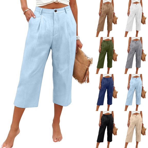Capri Pants for Women Relaxed Fit Dressy Capris Pant Pleated Business Casual Work Trousers with Pockets Light Blue 2XL