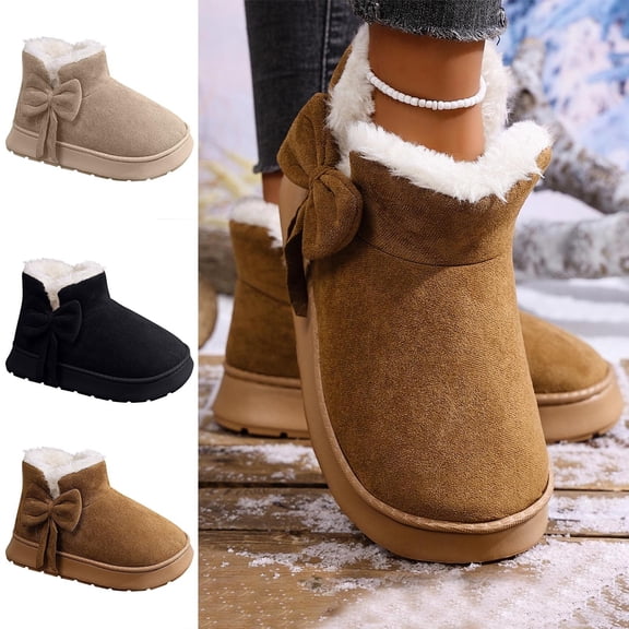 WAVSUF Women's Fleece Winter Boots Soft Sole Wide Width Anti Slip Winter Snow Flat Ankle Boots Brown 10