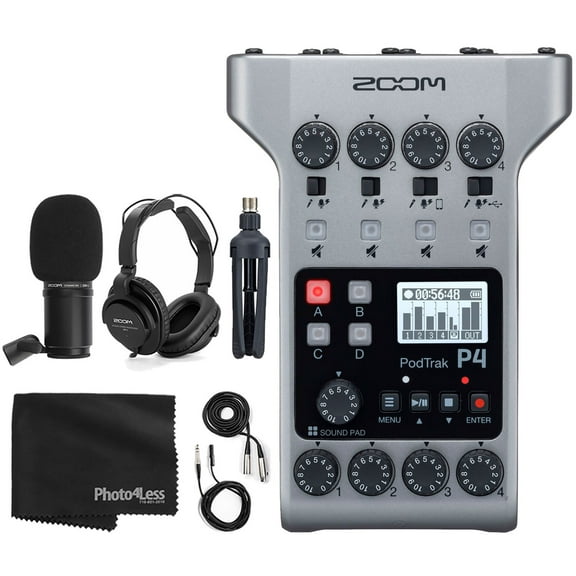 Zoom PodTrak P4 Portable Multitrack Podcast Recorder   Zoom M-1 Mic   Headphones   Windscreens   XLR Cable   Tabletop Stand   Cloth – 1 Person Podcasting Mic Pack Bundle